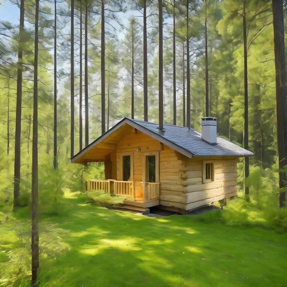 de madera haz Iniciar sesión casa en medio de el lozano bosque. ai generado. foto