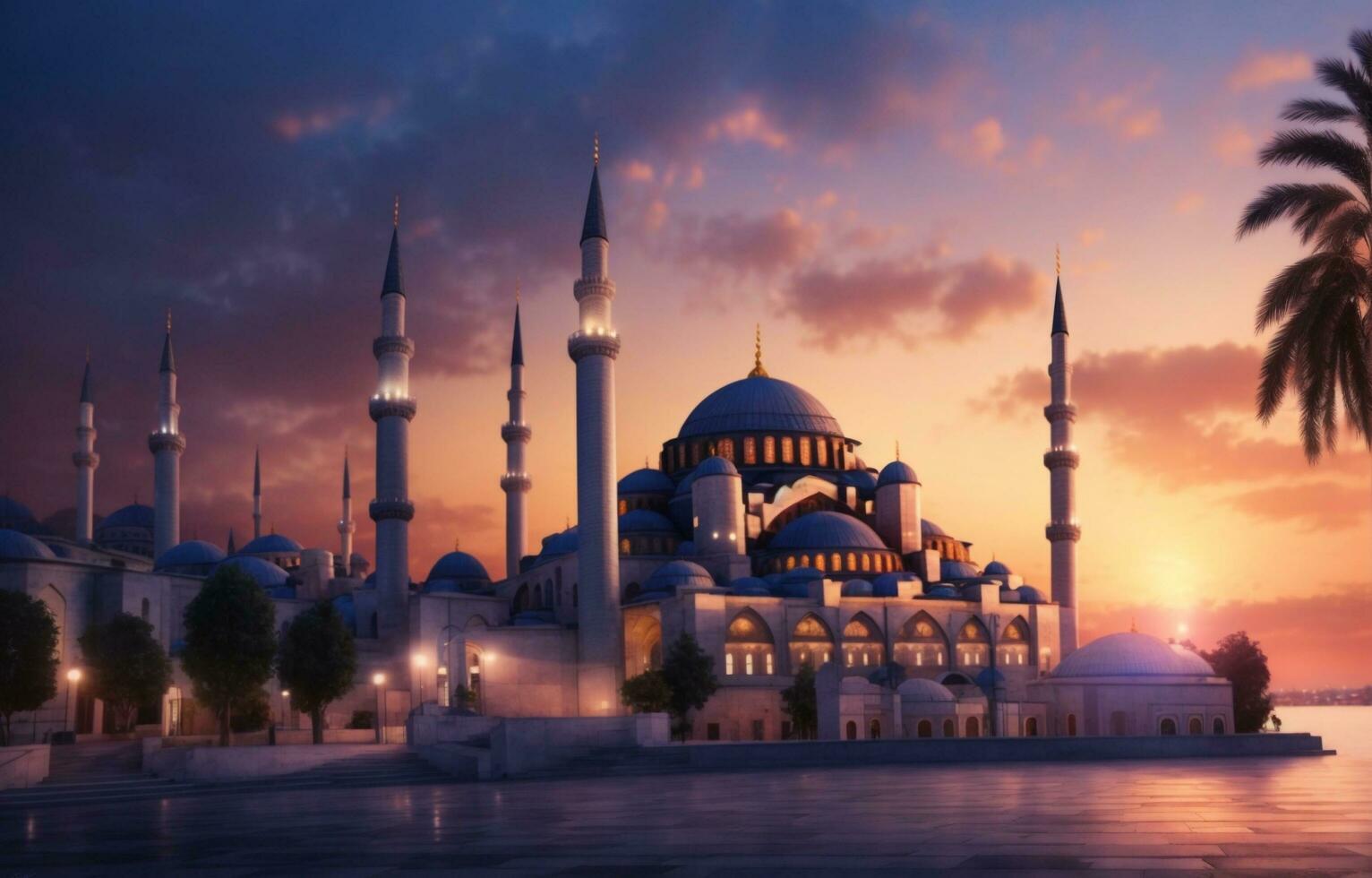Beautiful mosque in the night city of Istanbul Turkey. AI generated. photo