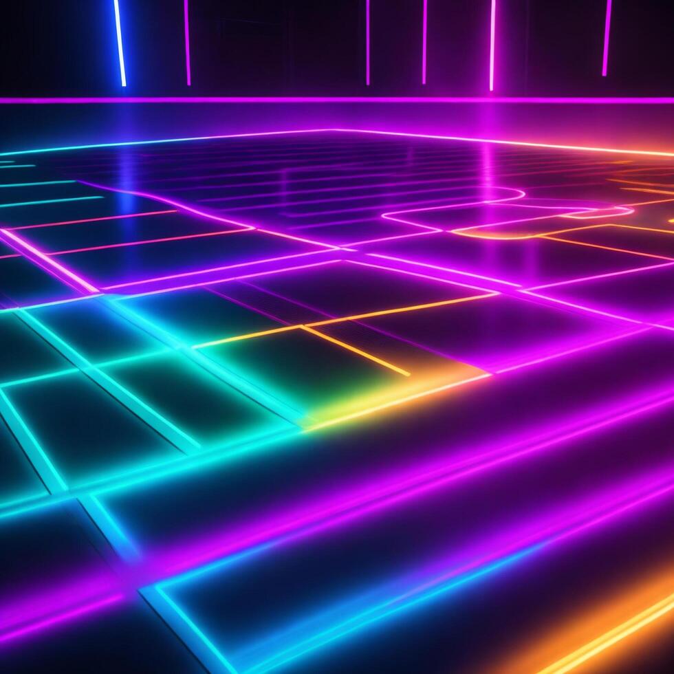 Abstract neon lights background with laser rays, and glowing lines stage. . photo