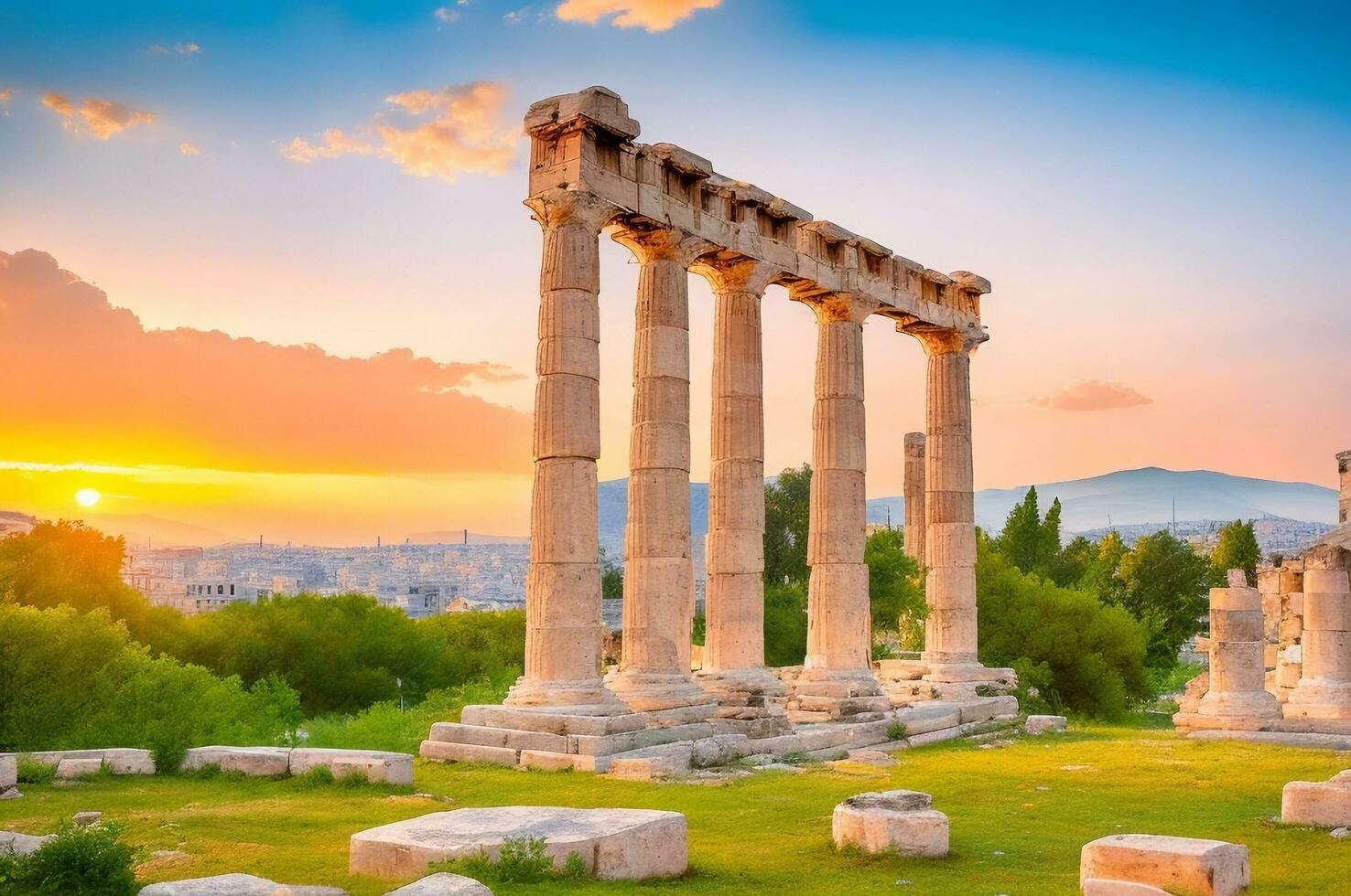 Ancient construction in Athens, Ancient Agora of Athens in Greece beautiful sunset. AI generated. photo