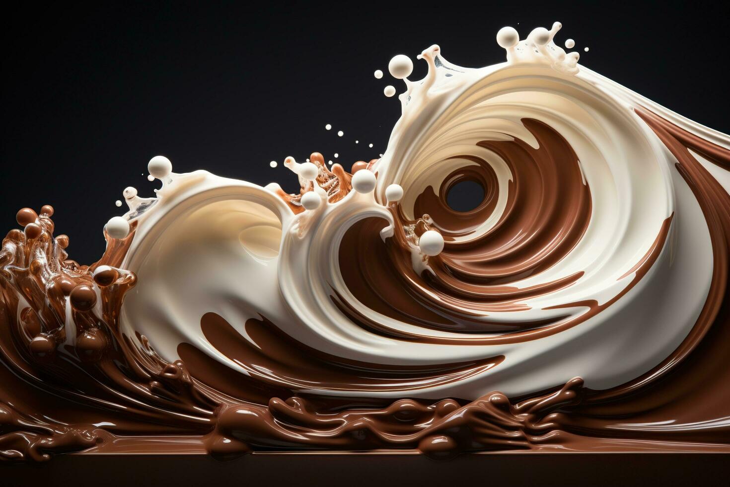 Chocolate and milk splashes moving to each other. Black background. photo