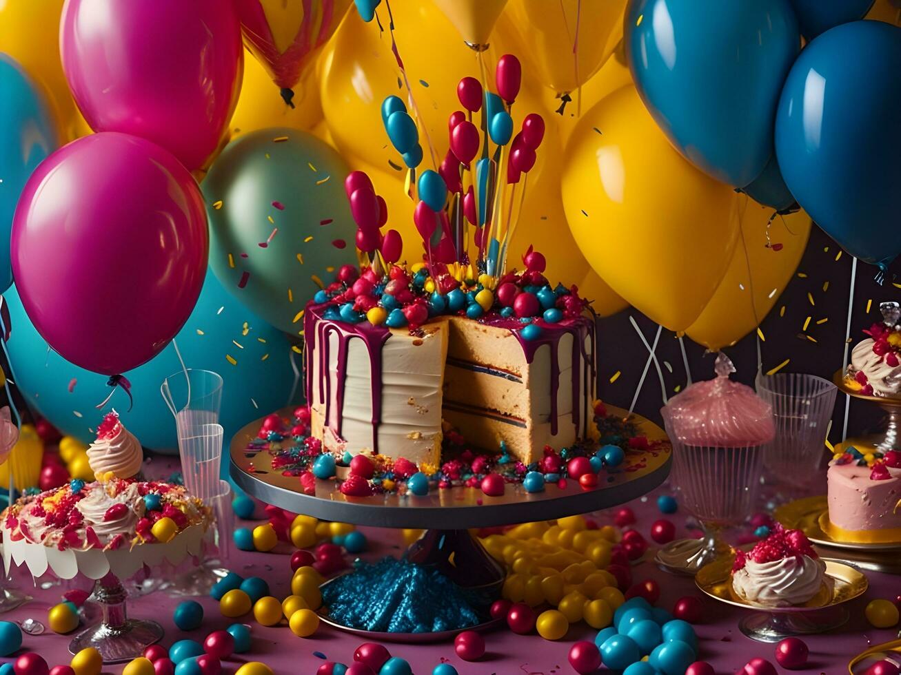 Birthday celebration with colorful balloons, a cake, and a glittering confetti-covered background ai generate photo