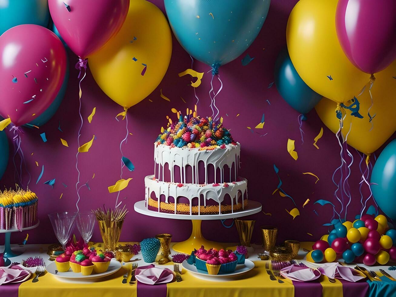 Birthday celebration with colorful balloons, a cake, and a glittering confetti-covered background ai generate photo