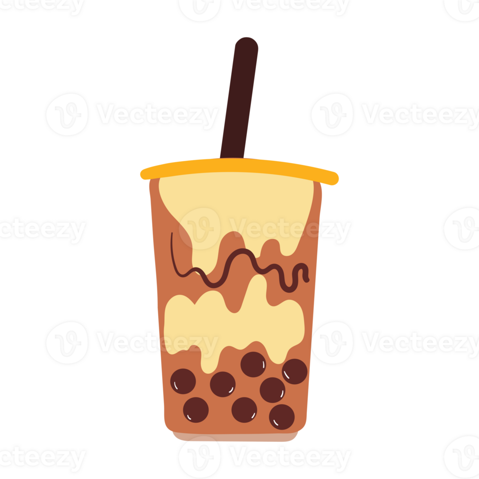 hand drawing cartoon milk tea with boba. cute drink sticker png