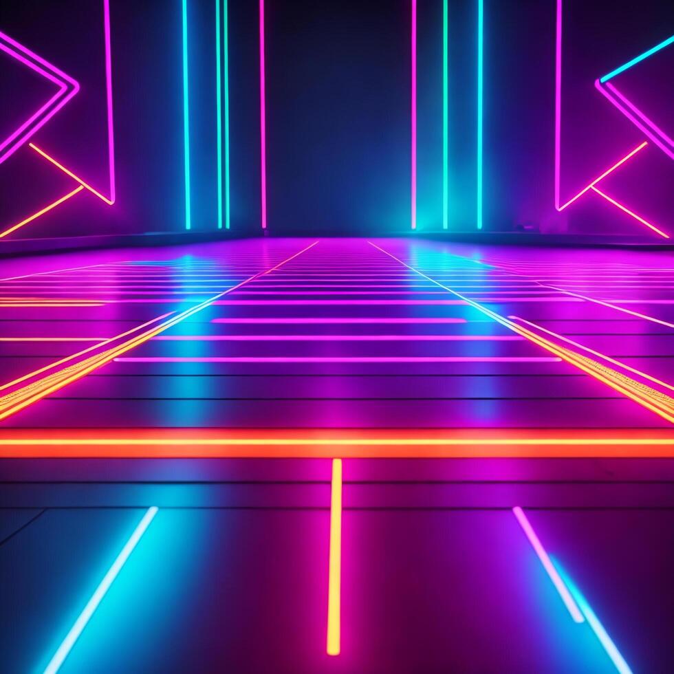 Abstract neon lights background with laser rays, and glowing lines stage. . photo
