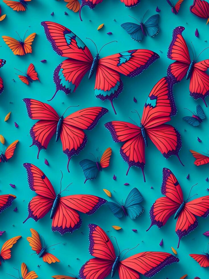 3D seamless pattern, butterflies color background scattered colorful butterfly. AI generated. photo
