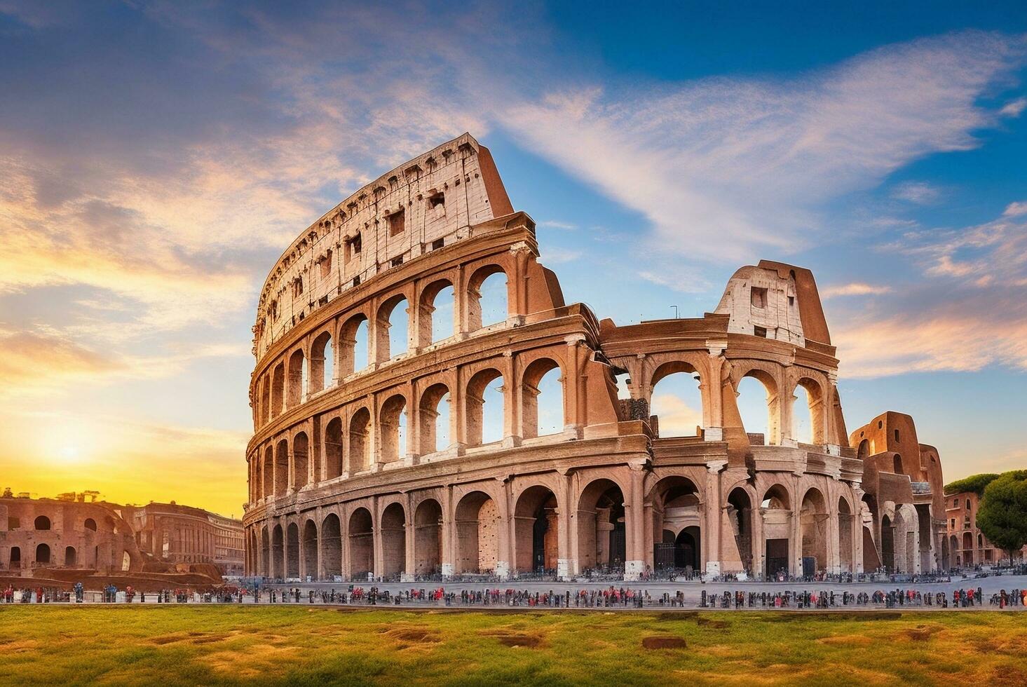 Realistic breathtaking shot of the Colosseum amphitheater located in Rome, Italy. AI-generated. photo