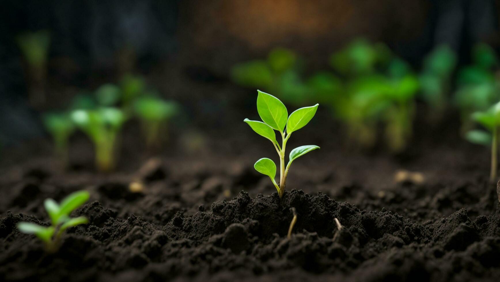 Green sprouts in dark soil against a blurred background symbolize growth and potential. AI generated. photo