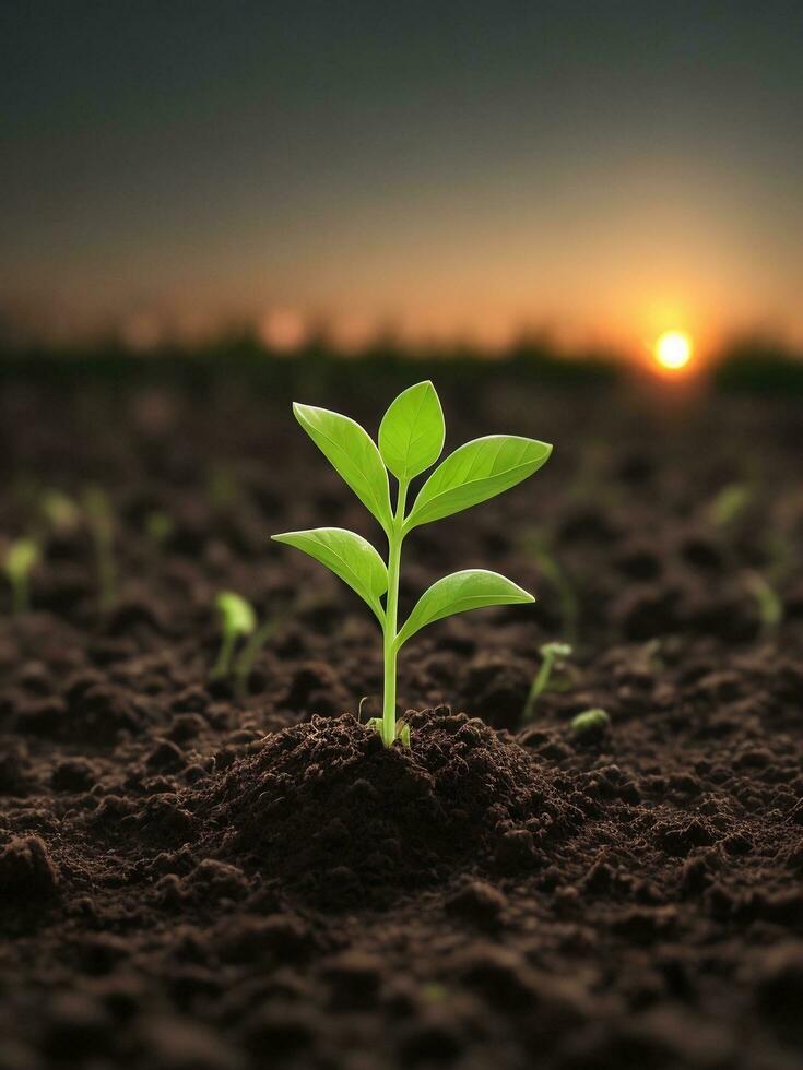 Green sprouts in dark soil against a blurred background symbolize growth and potential with the beautiful sunset. AI generated. photo