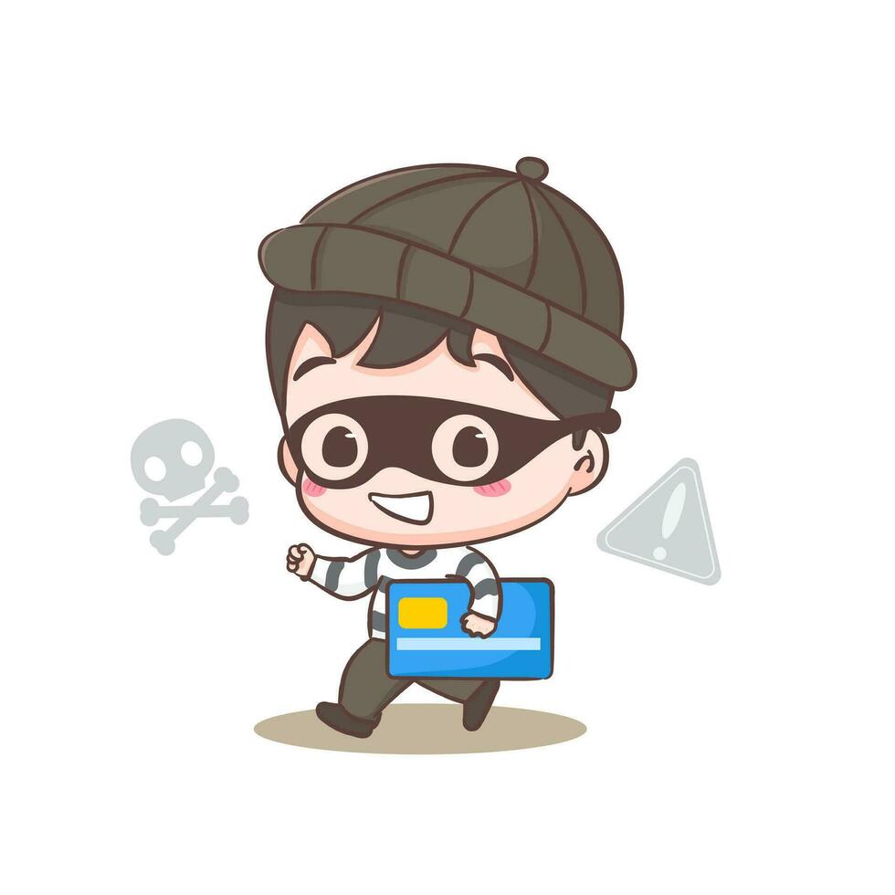 Cute cyber criminals hack and steal credit card information cartoon character. Robber concept design isolated background. Adorable chibi vector art illustration.