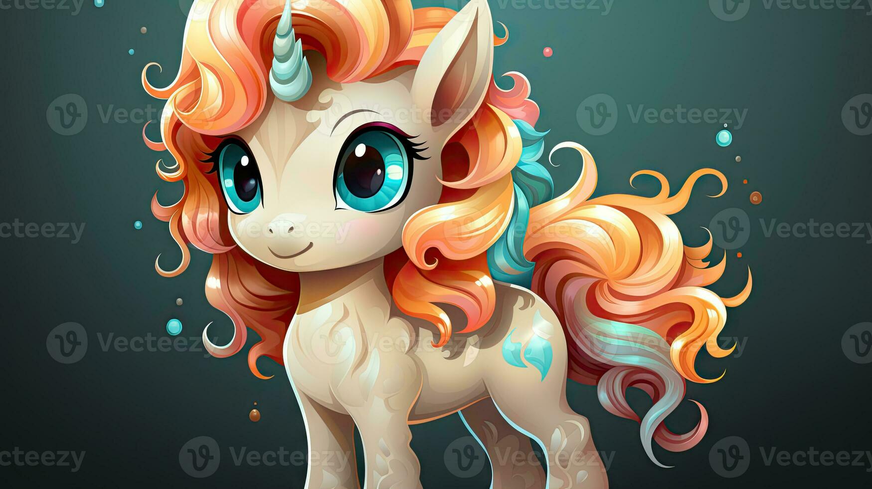 Cute cartoon unicorn with pink hair and blue eyes. Vector illustration. photo