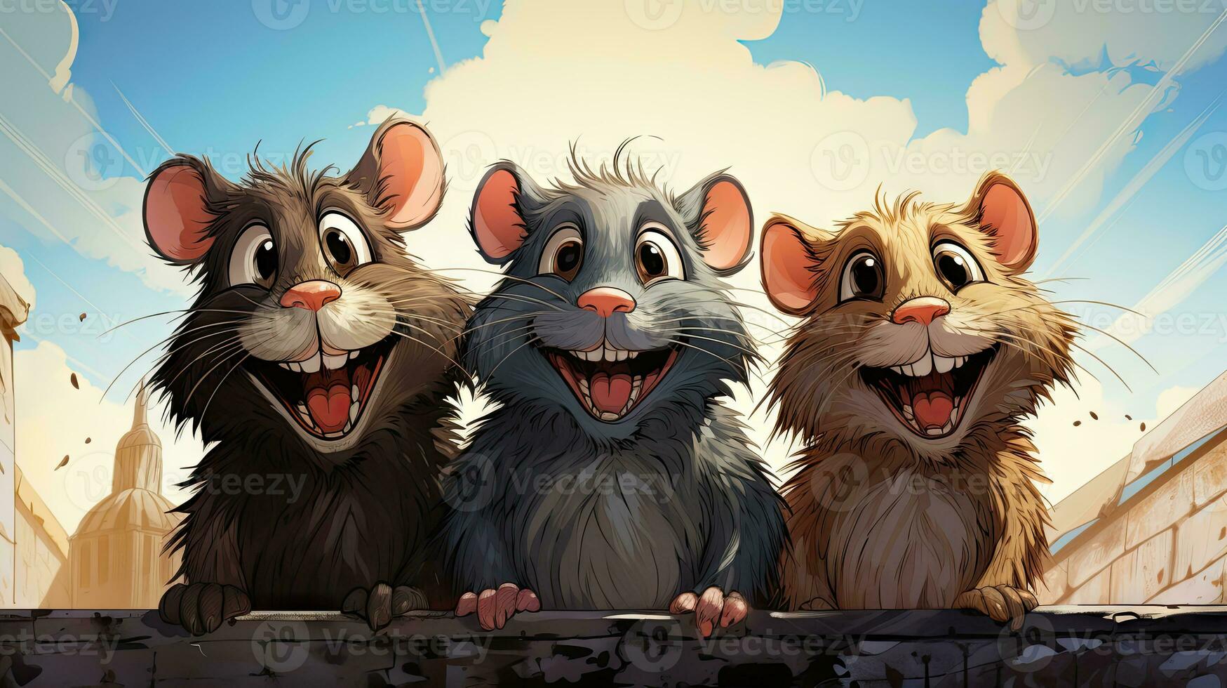 Tres gracioso ratas en el ciudad. dibujos animados estilo. vector ilustración. foto