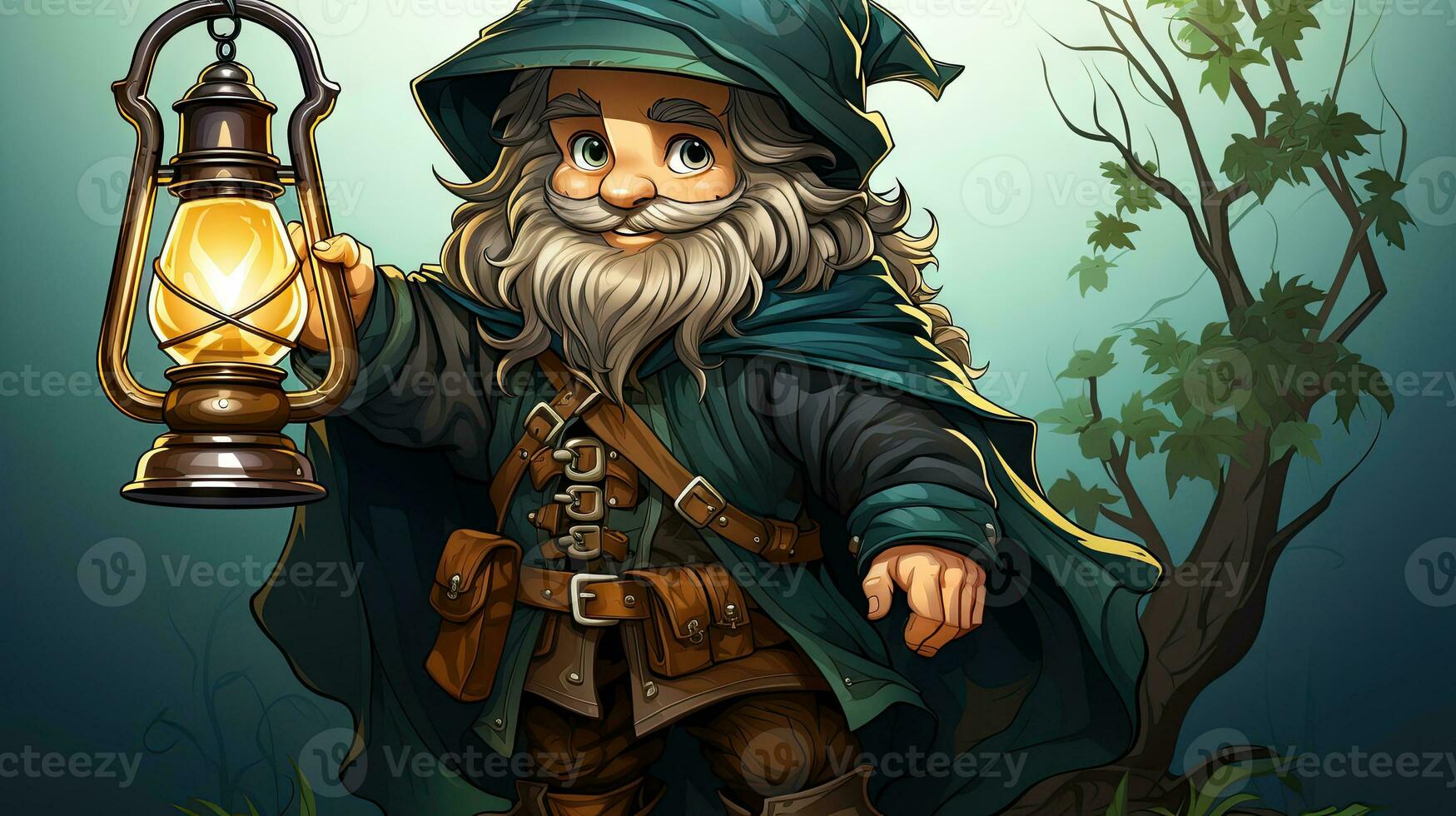 Cartoon illustration of a gnome with a lantern in the forest. photo