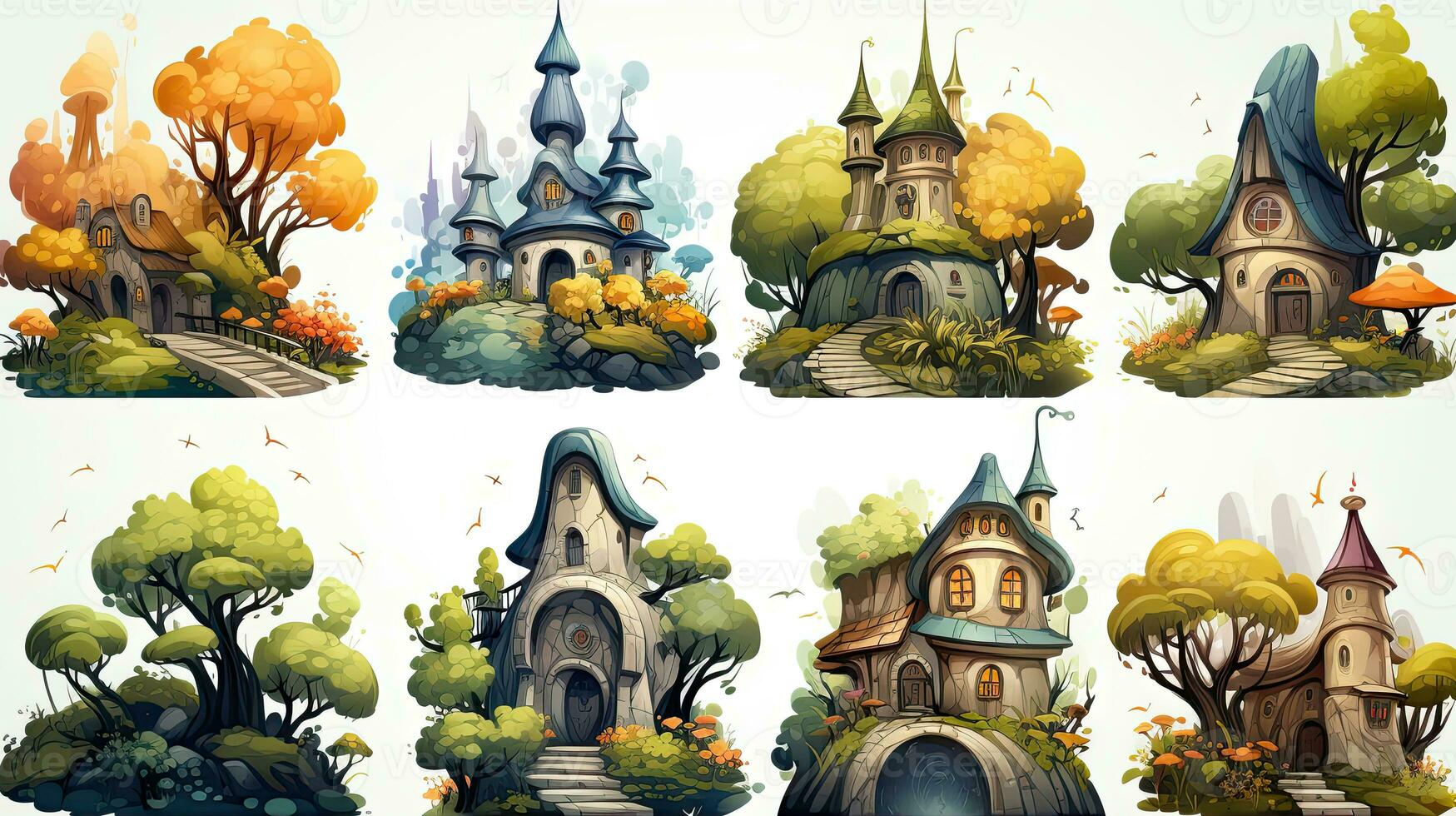 Set of fantasy castles in different seasons of the year. Vector illustration photo