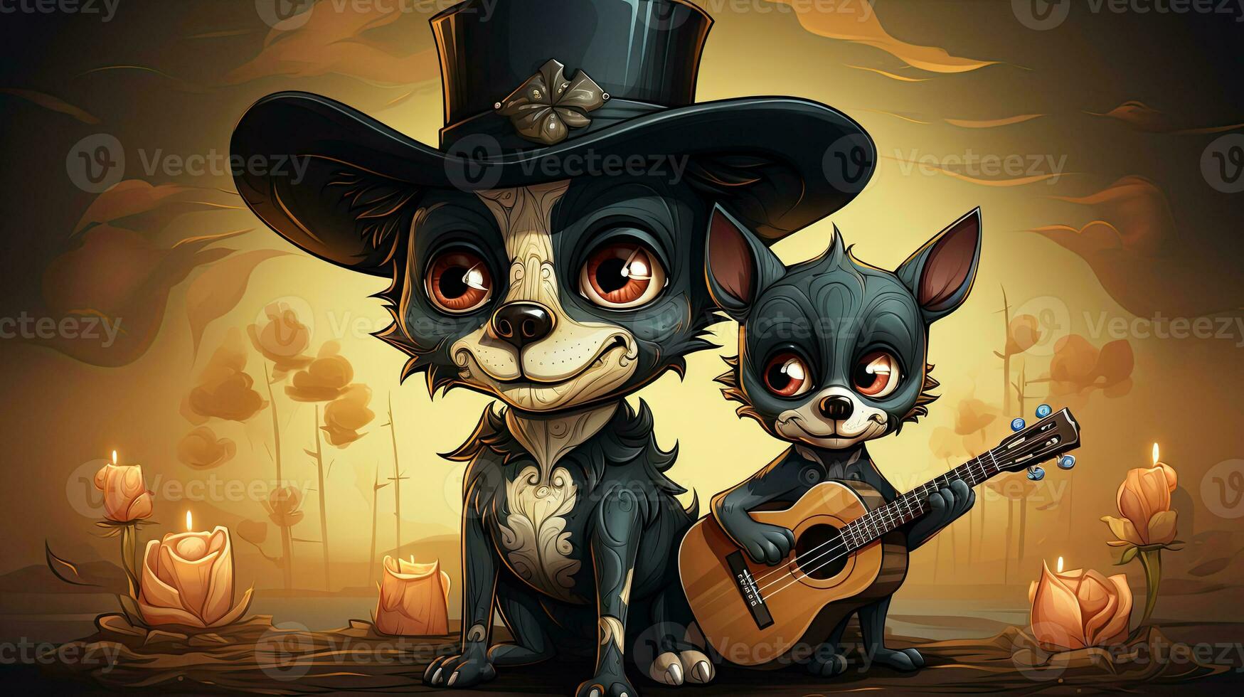 Illustration of two dogs in a witch's hat playing the guitar. photo