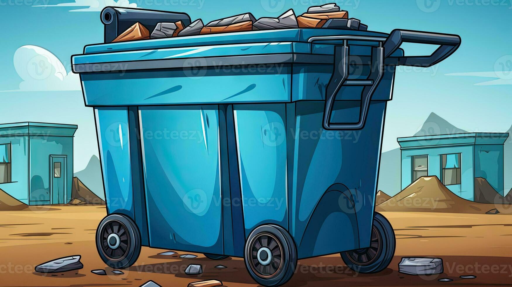 Illustration of a blue garbage bin on a background of the desert. photo