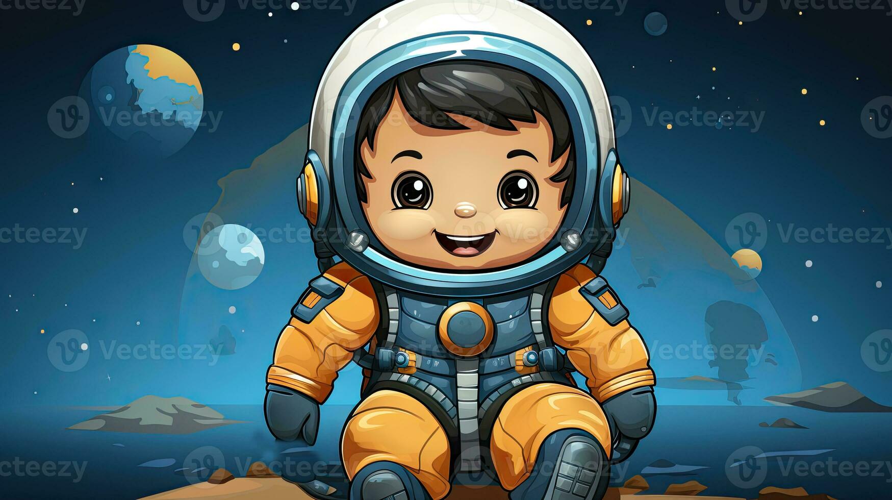 Cute astronaut boy in the outer space illustration. Cartoon style. photo