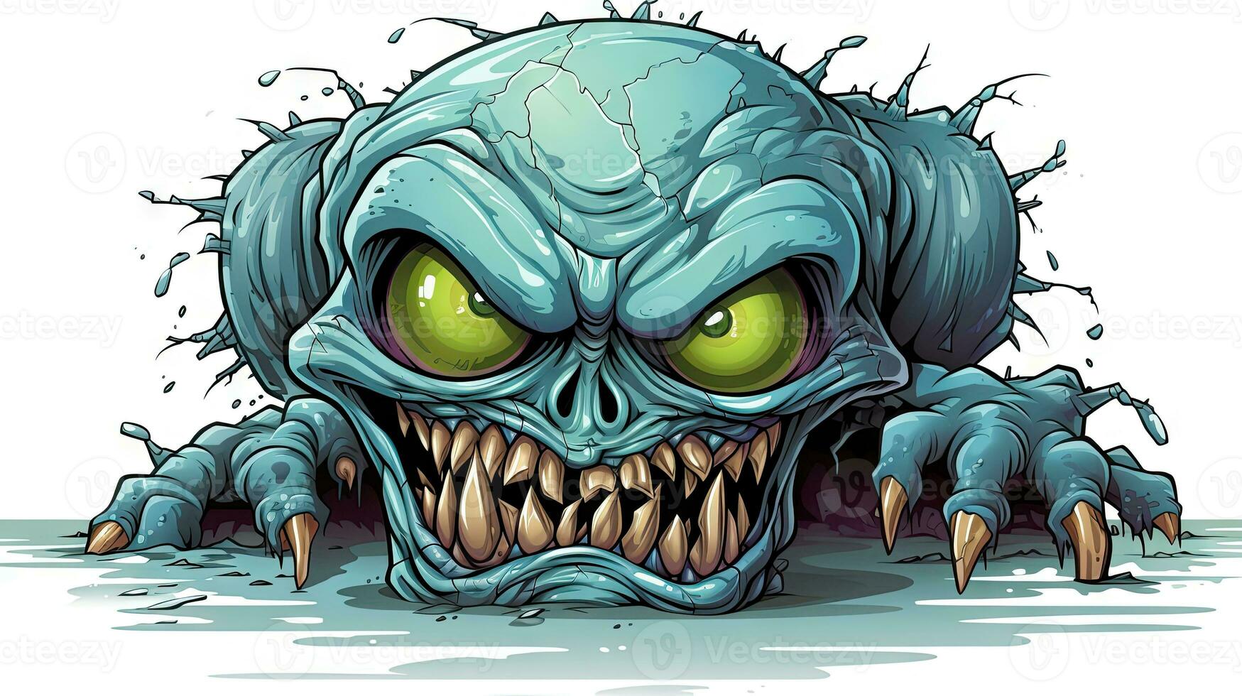 Zombie head with green eyes. Cartoon illustration of a monster. photo