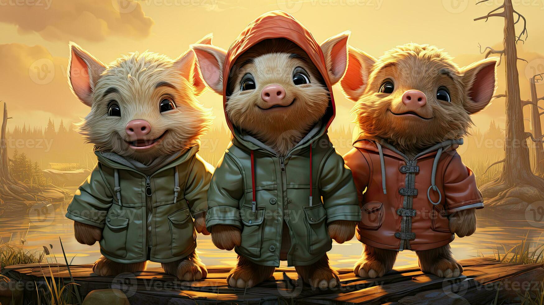 Three pigs in a raincoat on the river bank. 3d render. photo