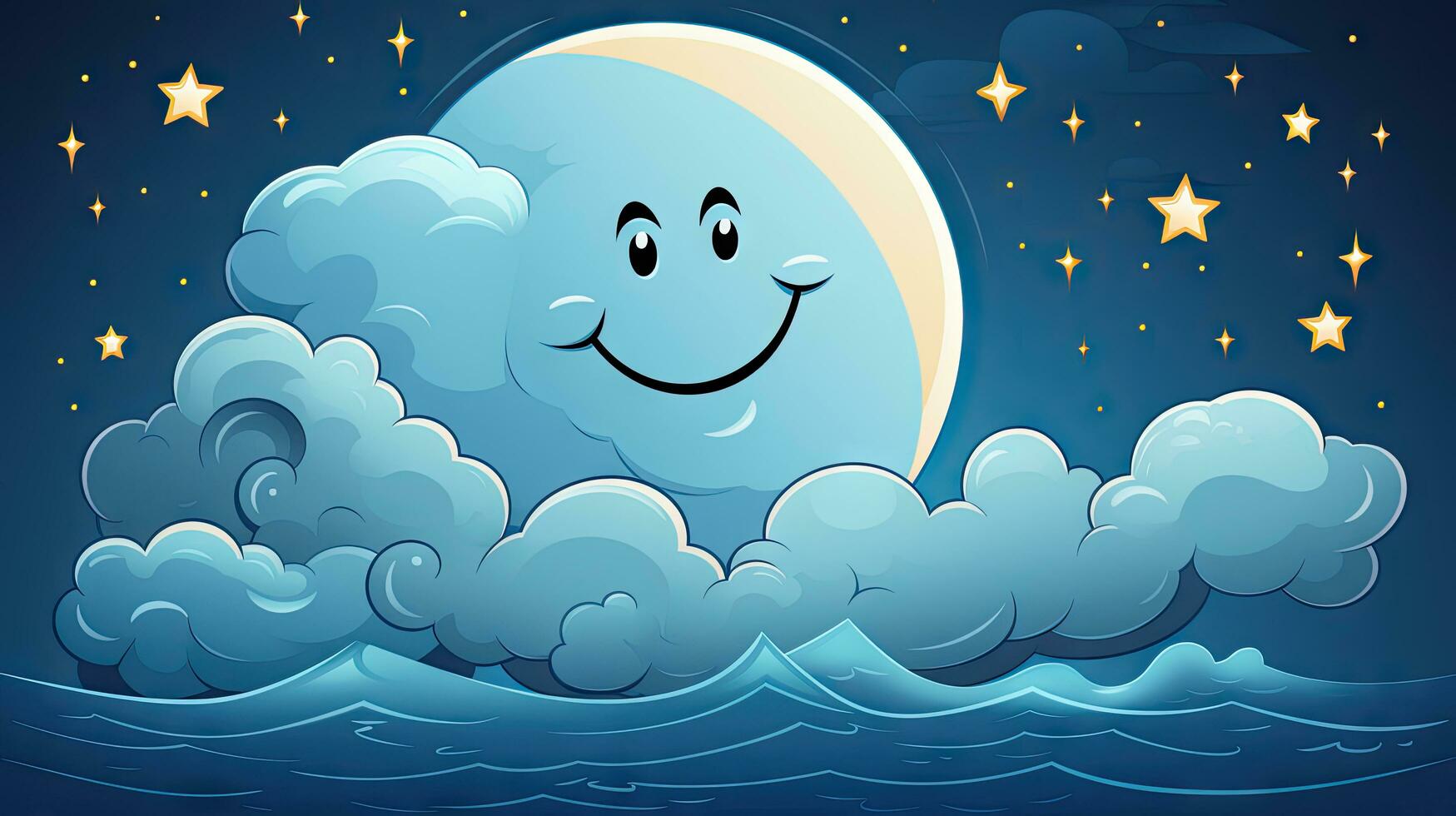 Cute cartoon moon and clouds in the night sky. Vector illustration photo