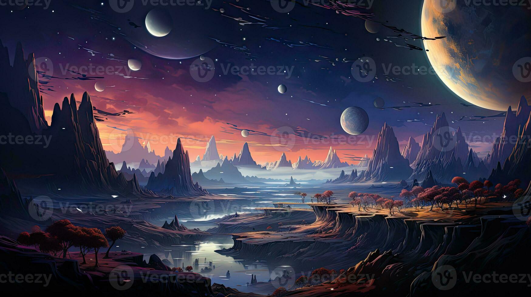 Fantasy landscape with planet, moon and clouds. Vector illustration photo