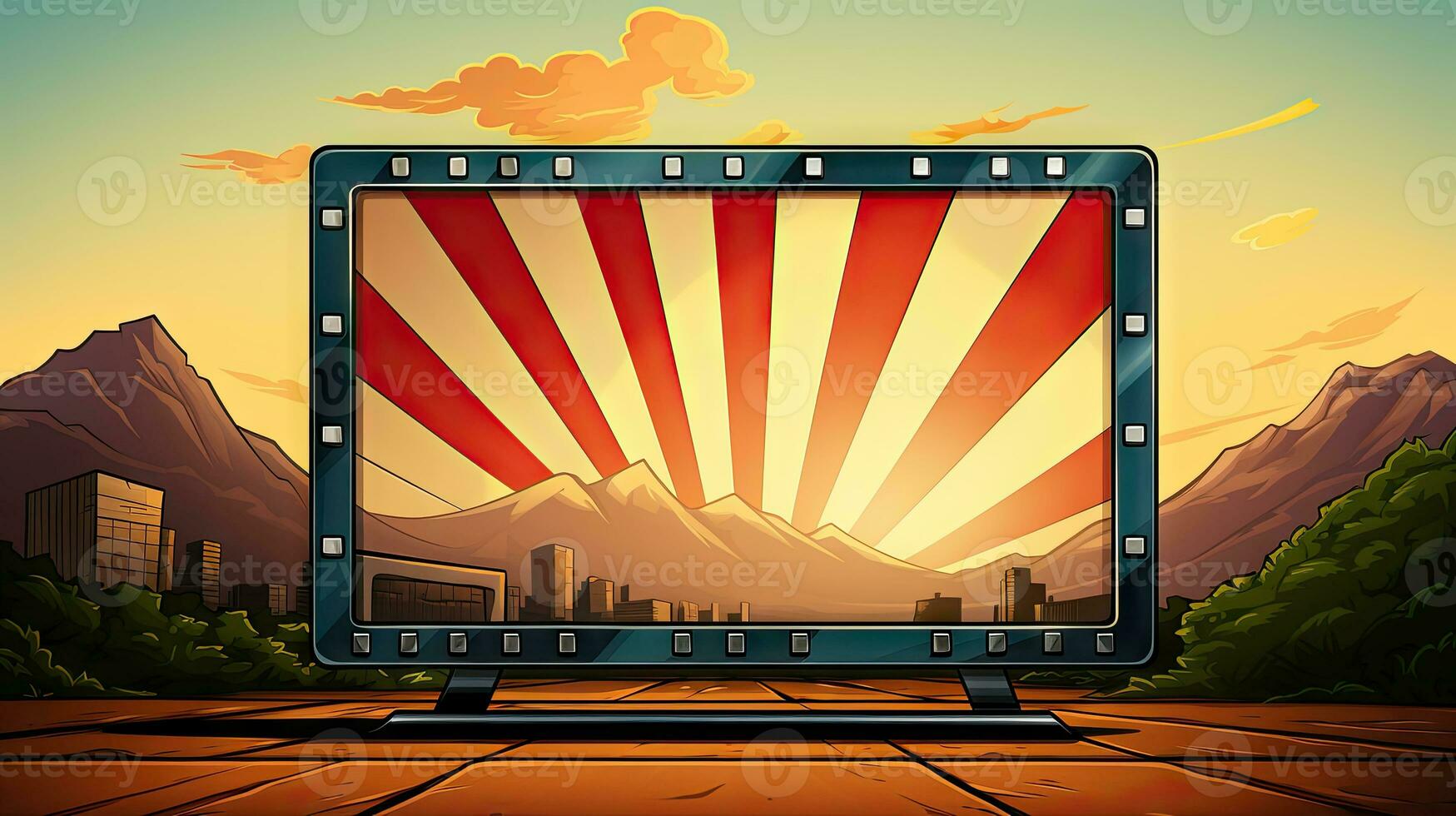 dibujos animados ilustración de un cine pantalla monitor con un rayos de sol y montañas en el antecedentes foto