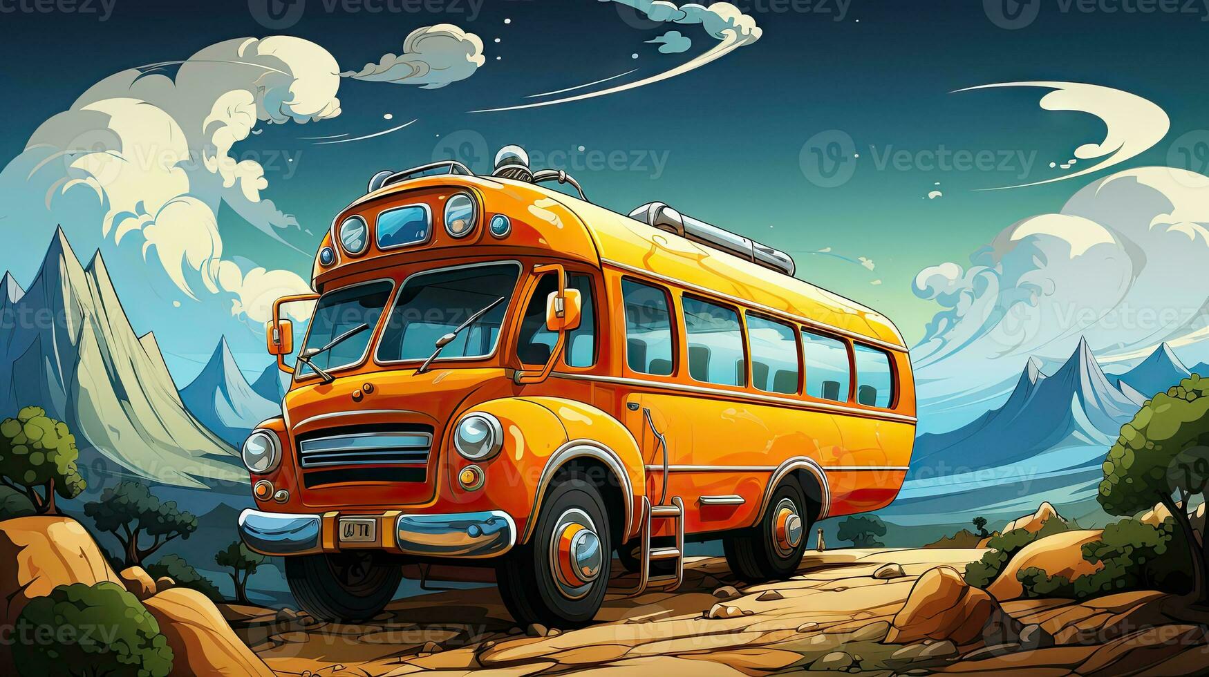 Illustration of a school bus in a desert with mountains in the background. photo