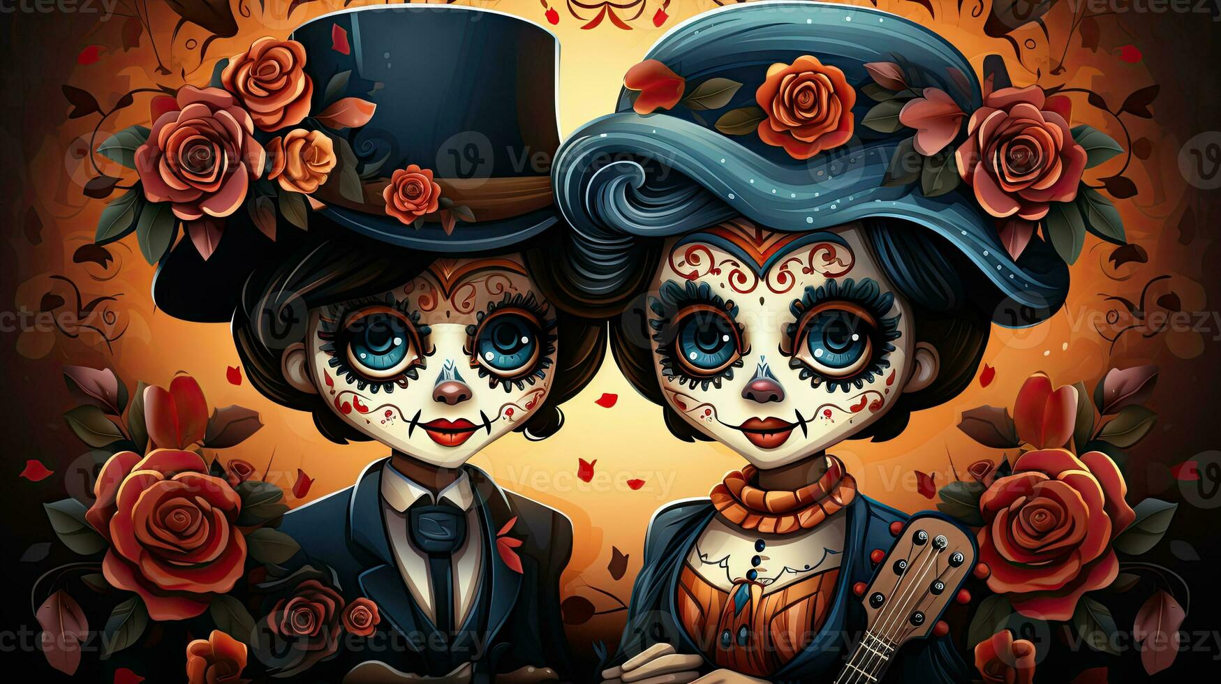 Vector illustration of sugar skull girl and boy in costumes for party. photo