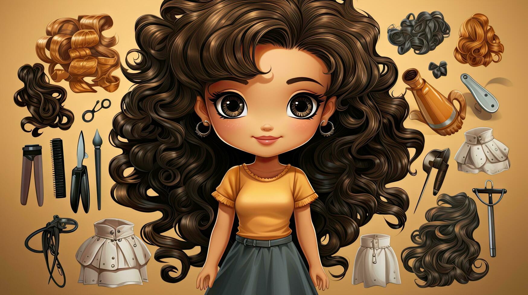 Cute little girl with long black curly hair. Wigs and hairdressing supplies. Vector illustration. photo