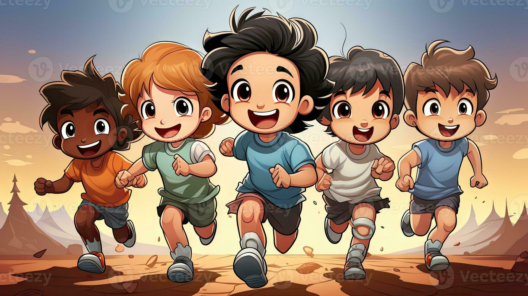 dibujos animados contento niños corriendo juntos en el desierto. foto