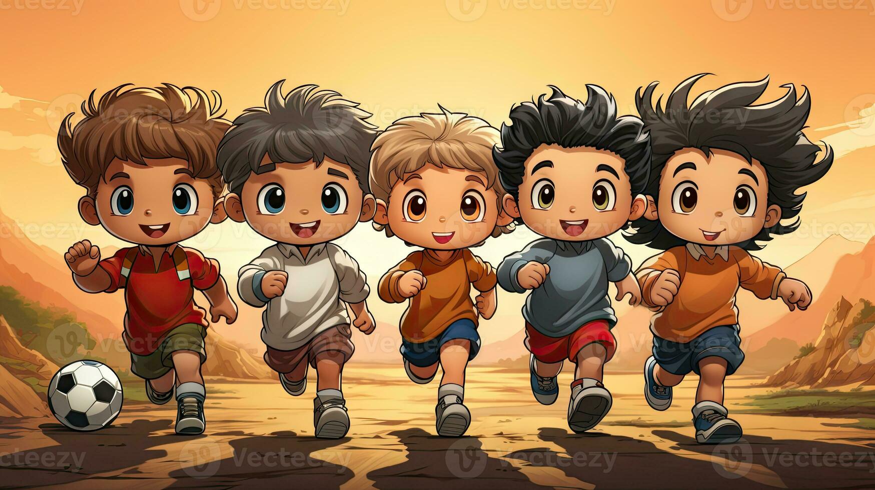 Cartoon children playing football in the field illustration. Boys play soccer. photo