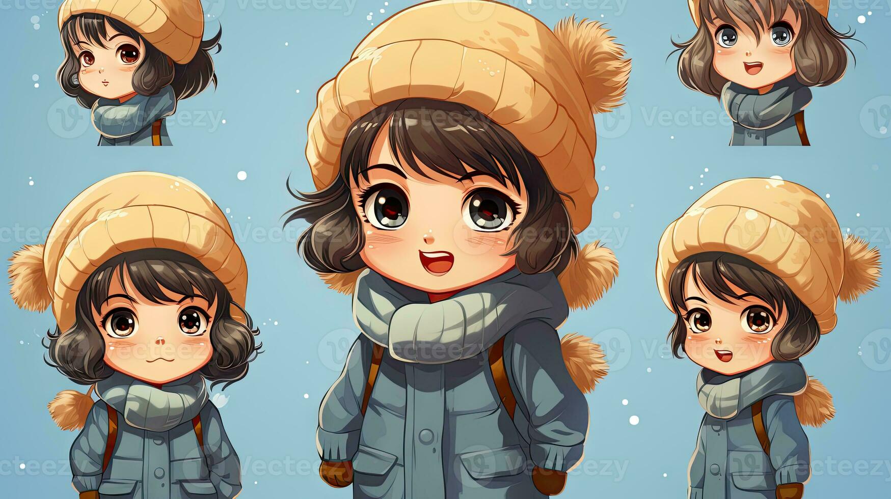 Cartoon cute girls in winter clothes. Vector illustration of kids in warm clothes. photo