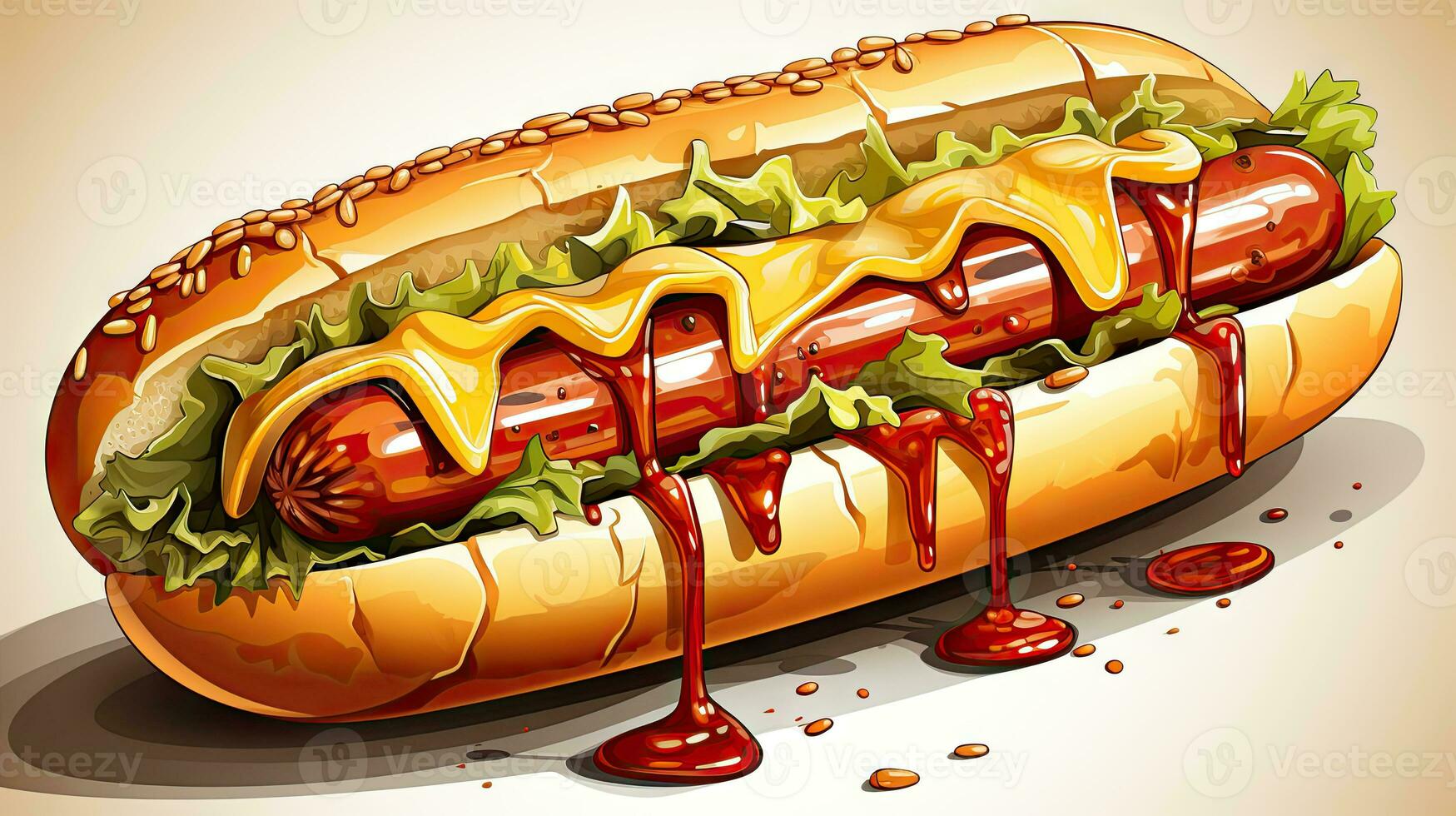 Hot dog with ketchup on a white background. Vector illustration. photo