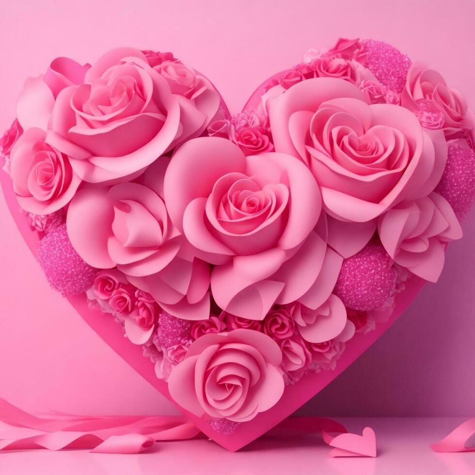 Pink color heart made of flowers isolated on white background. Ai generated. photo