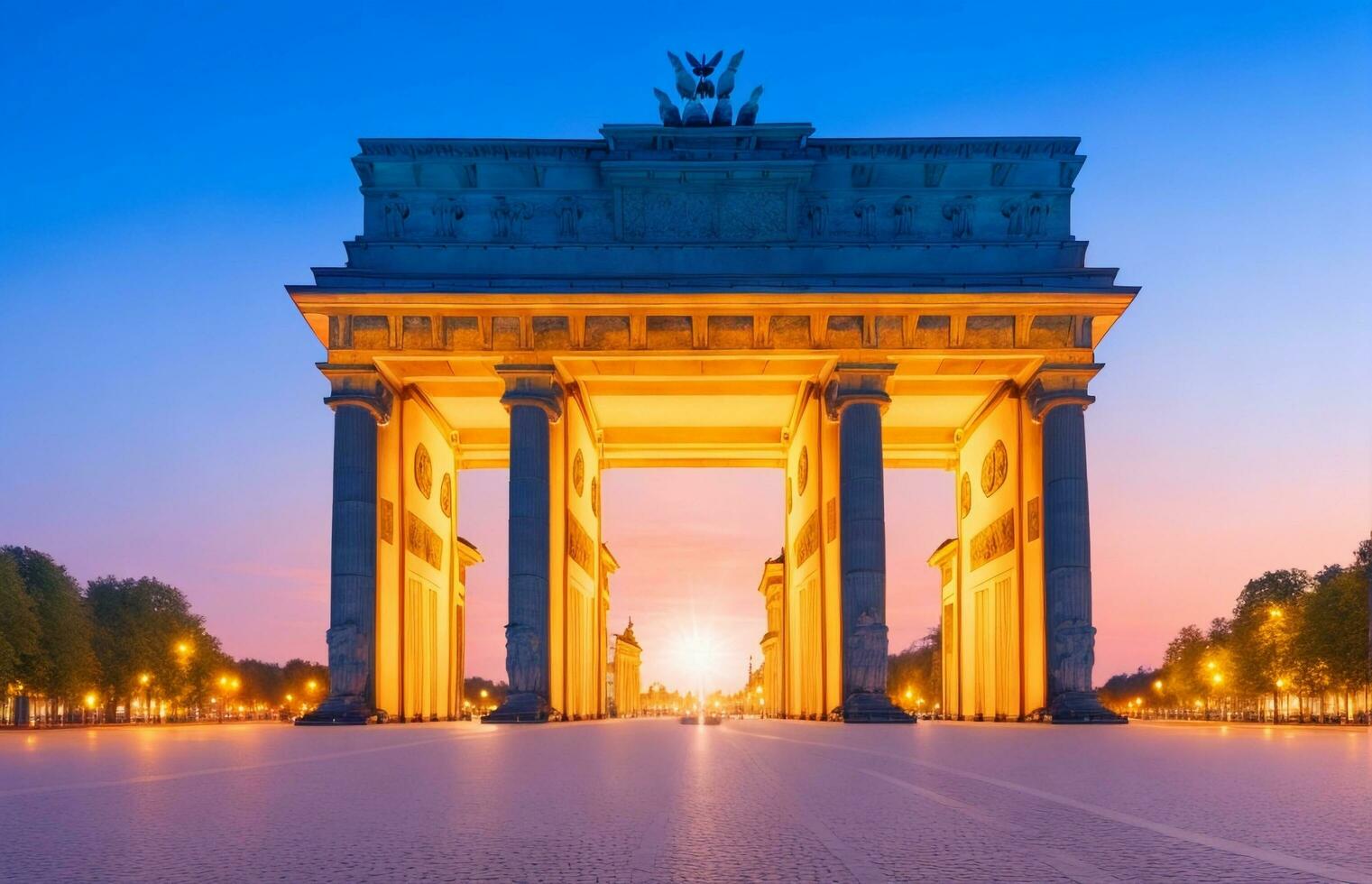 Beautiful Brandenburg gate illuminated at beautiful sky front view. AI generated. photo