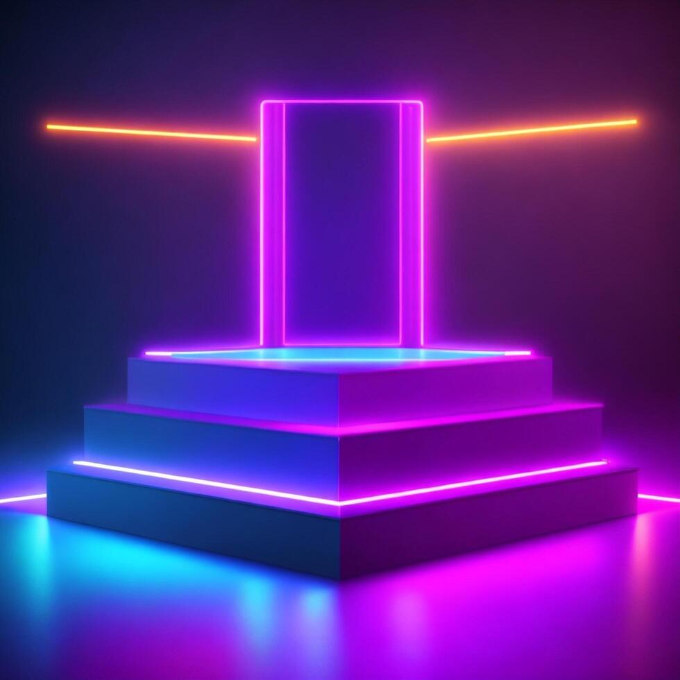 Blue pink violet neon abstract background, ultraviolet light, night club empty room interior. . photo