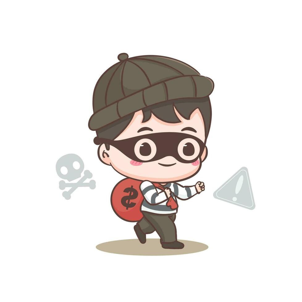 Cute thief stealing money cartoon character. Robber concept design isolated background. Adorable chibi vector art illustration.