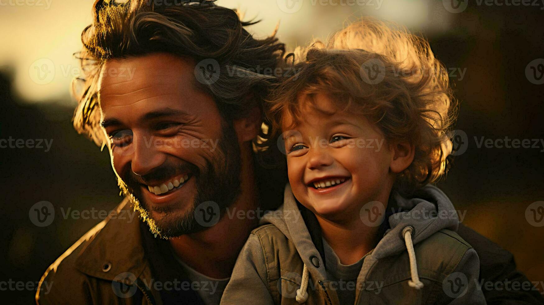 AI-Generated Father and son smile and laugh joyfully, father hugs his son, concept of fatherly love and education photo