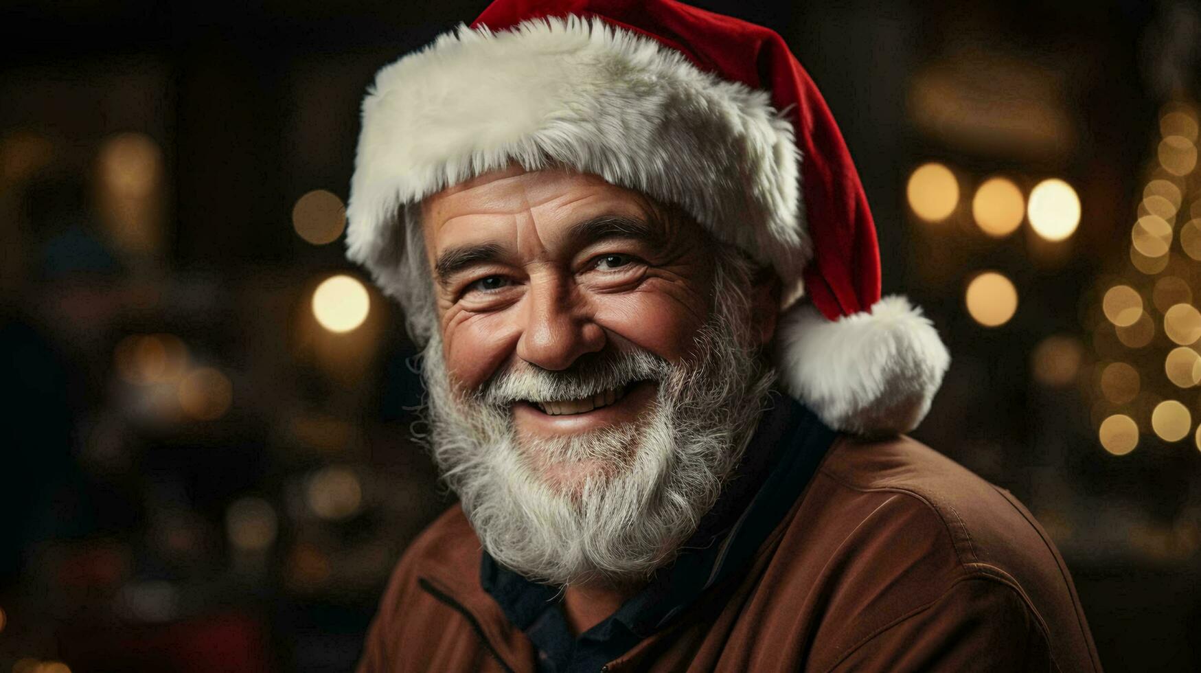 AI-Generated A man with a beard in a red jacket and santa claus hat smiles at the camera, christmas new year festive beautiful winter background photo