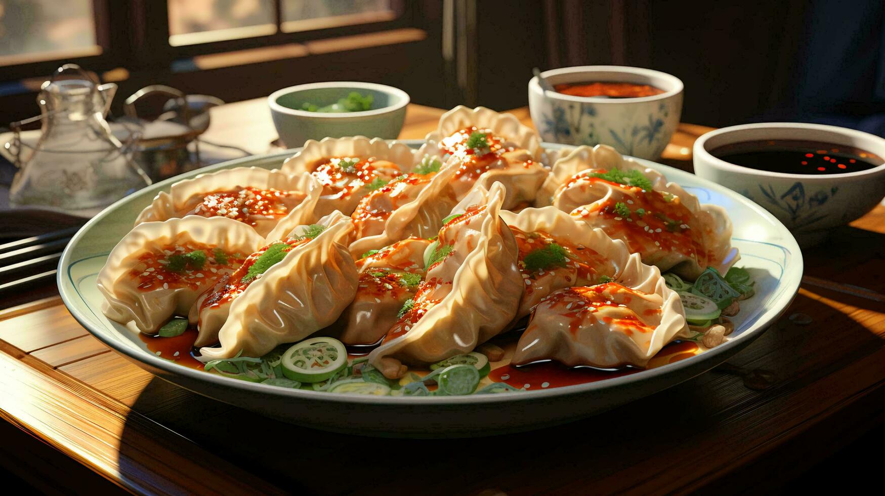 AI-Generated Delicious gyoza of Chinese Japanese and Korean photo