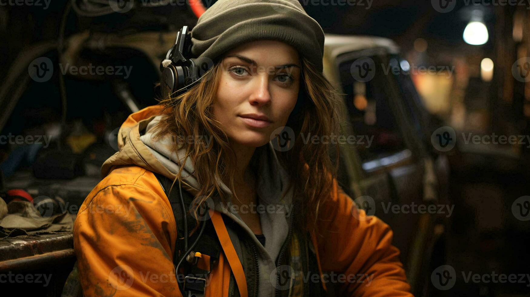 AI-Generated Beautiful female auto mechanic locksmith performs work on car repair at a service station workshop photo