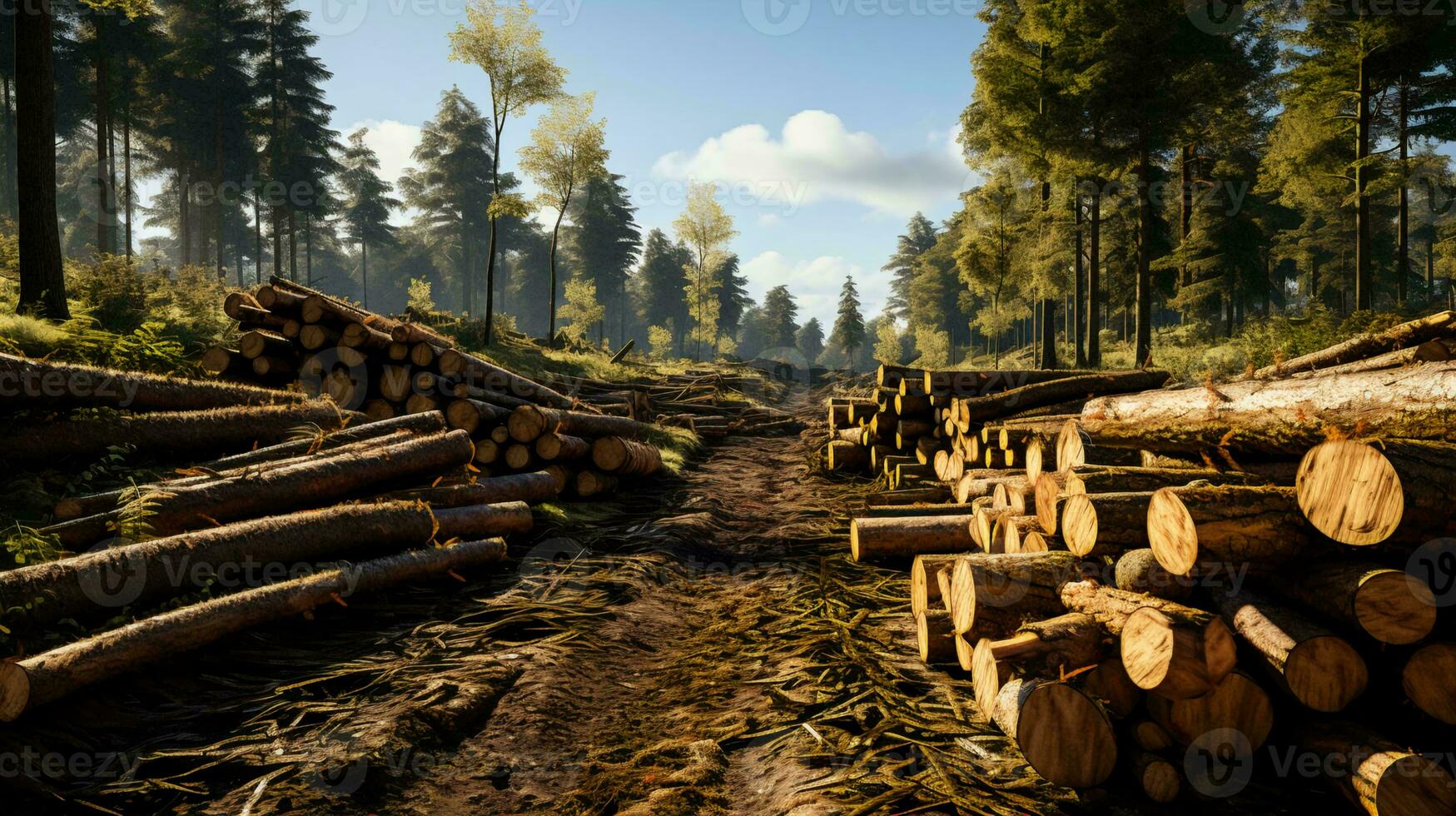 AI-Generated Freshly cut natural logs from trees at logging site in the forest photo