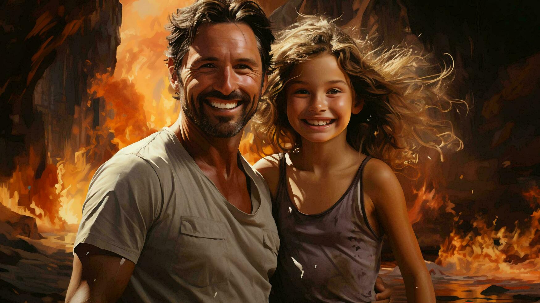 AI-Generated Father and little daughter hug and smile at the camera. Good father concept photo