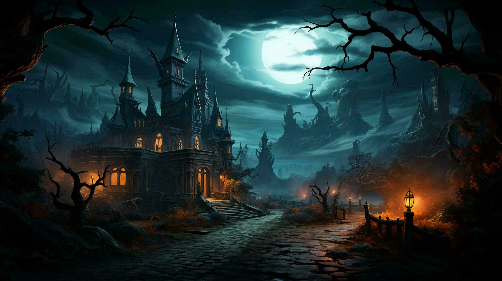 AI-Generated Castle and pumpkins with scary faces at night in the forest for the holiday of Halloween photo