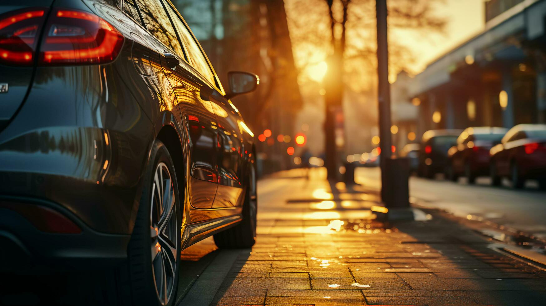 AI-Generated Side view of a car in a big city at sunset photo