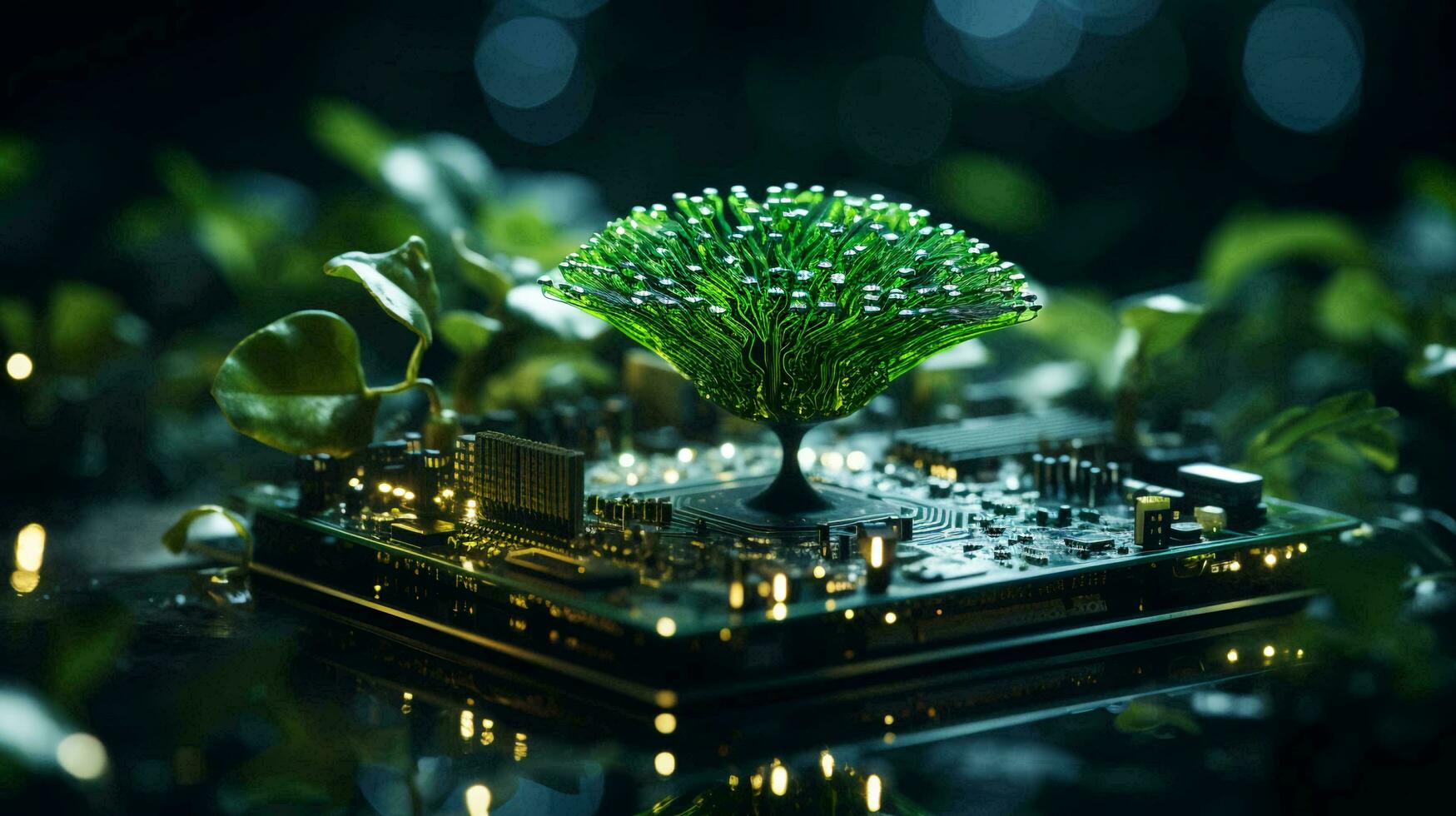 AI-Generated Green natural eco-friendly tree and computer technology on an abstract high-tech futuristic background of microchips and computer circuit boards with transistors photo