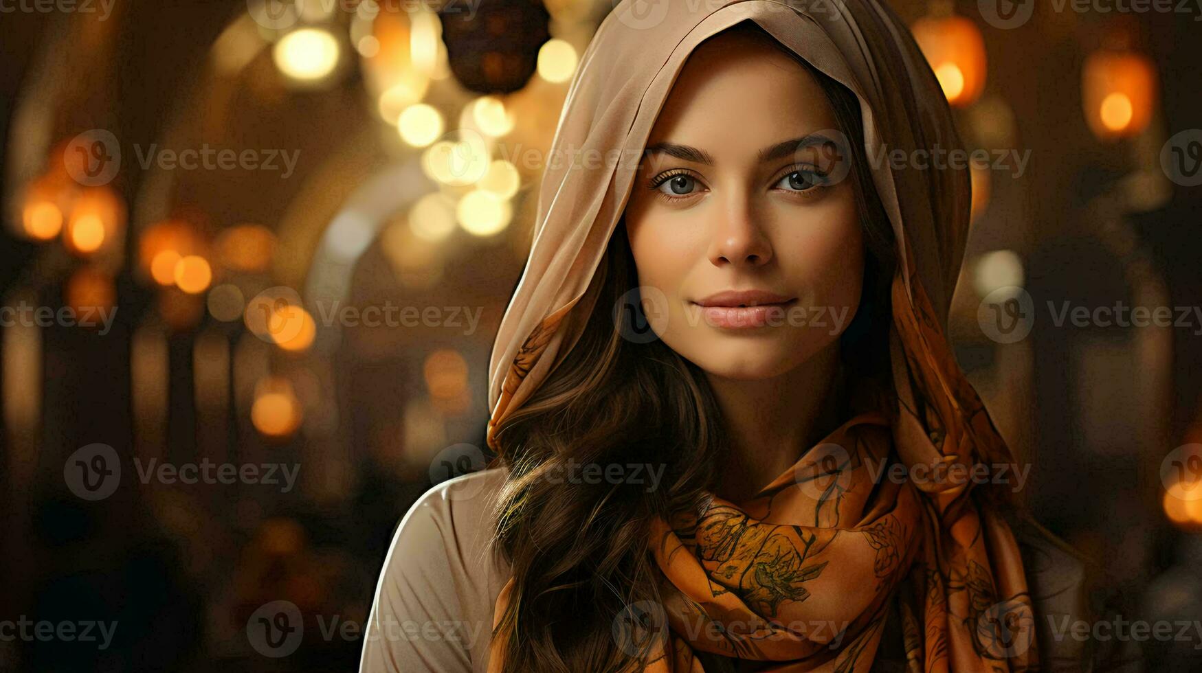 AI-Generated Beautiful woman in Arabic Muslim oriental headscarf face close-up photo