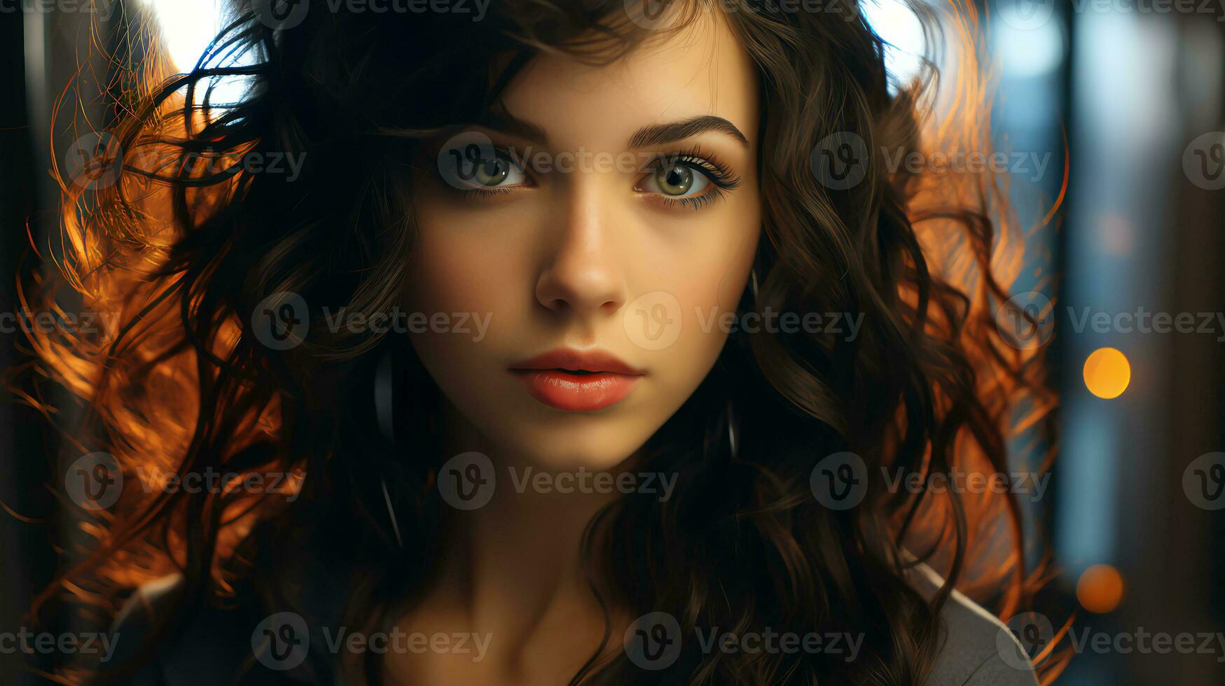 AI-Generated Beautiful woman looking at the camera, blurred background, close-up face photo