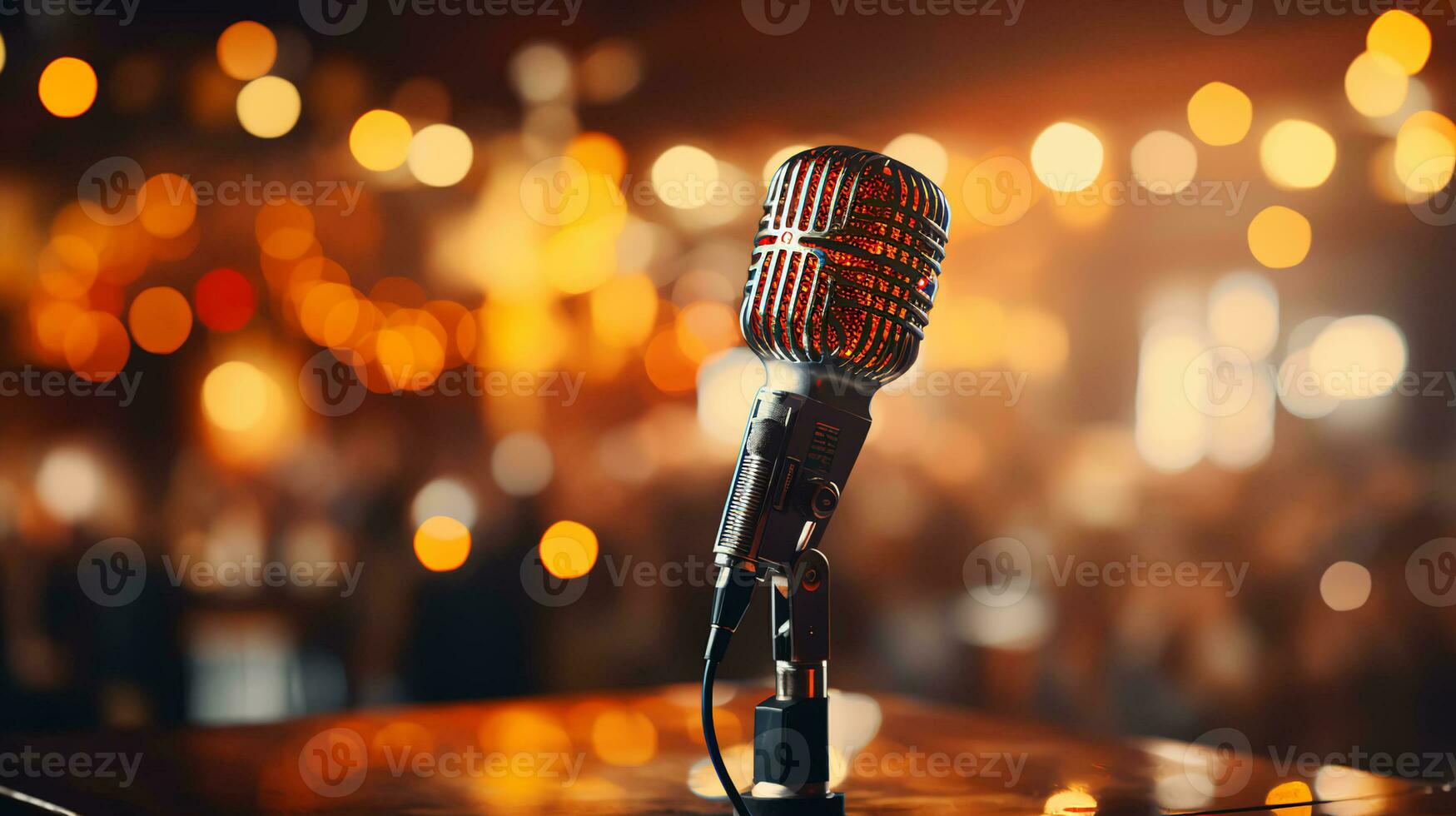 AI-Generated Beautiful metal chrome retro microphone for singing and karaoke on a blurred background photo
