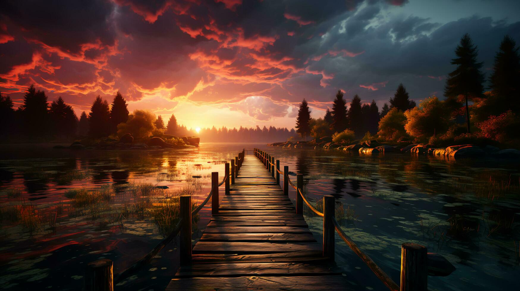 AI-Generated Small beautiful wooden forest pier in a river or lake at sunset photo